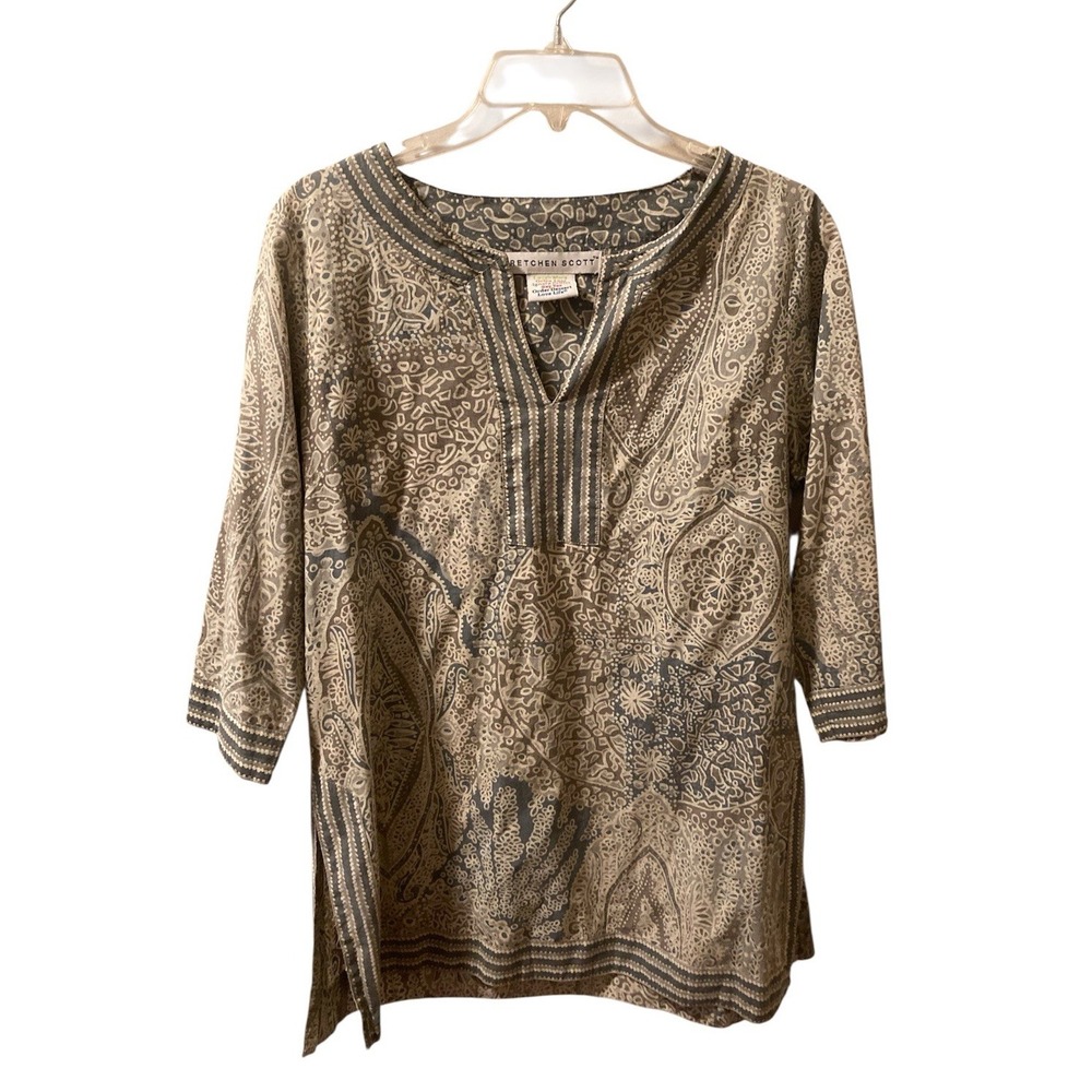Gretchen Scott Tunic Top Cotton Gray Brown Boho 3/4 Sleeve Notch Neck M - Picture 1 of 7